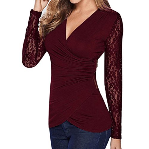 Lugar QinMM Blusa de Encaje de Mujer, Cuello en V Manga Larga Camisa