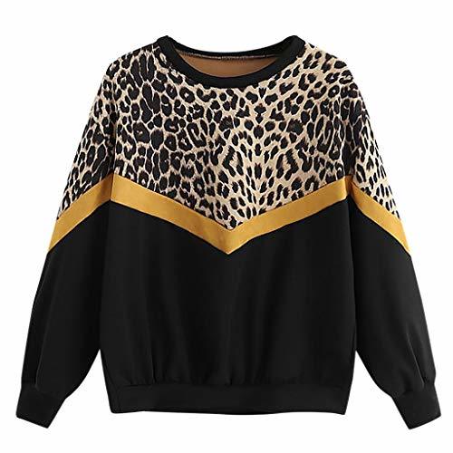 Lugar Luckycat Moda para Mujer Casual Manga Larga Patchwork Estampado Leopardo O-Cuello Tops