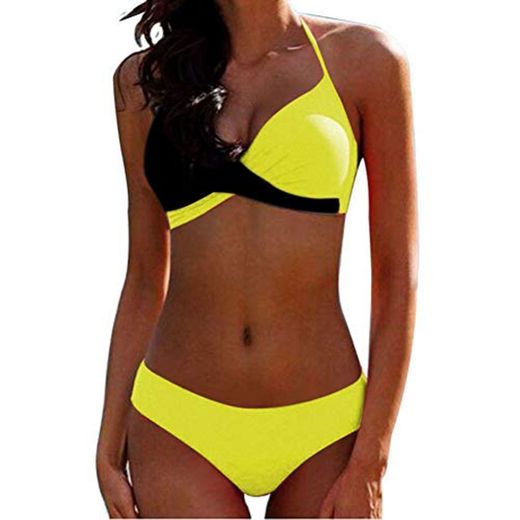 Momangel Moda Sexy Europea Y Americana De Dos Colores De Costura Cruz Bikini Traje De BañO Flip Yellow Black XXXL