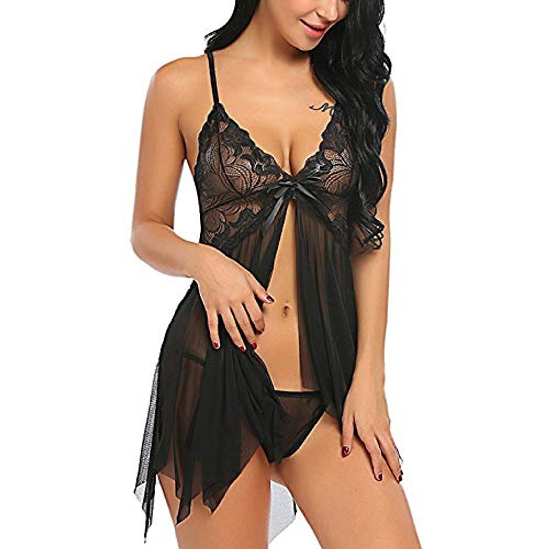 Fashion SEDEX Lenceria Erótica Mujer Ropa Interior Babydoll Halter Cordón Transparente Lencería de Camisón Conjunto de Lencería Abierto Posterior Encaje Tul Babydoll Vestilo Tentación