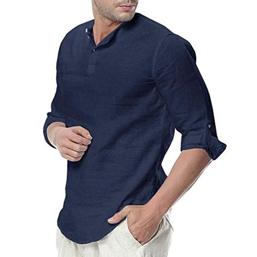 ShallGood Camisa Hombre Cuello Mao Lino Blusa Manga 3