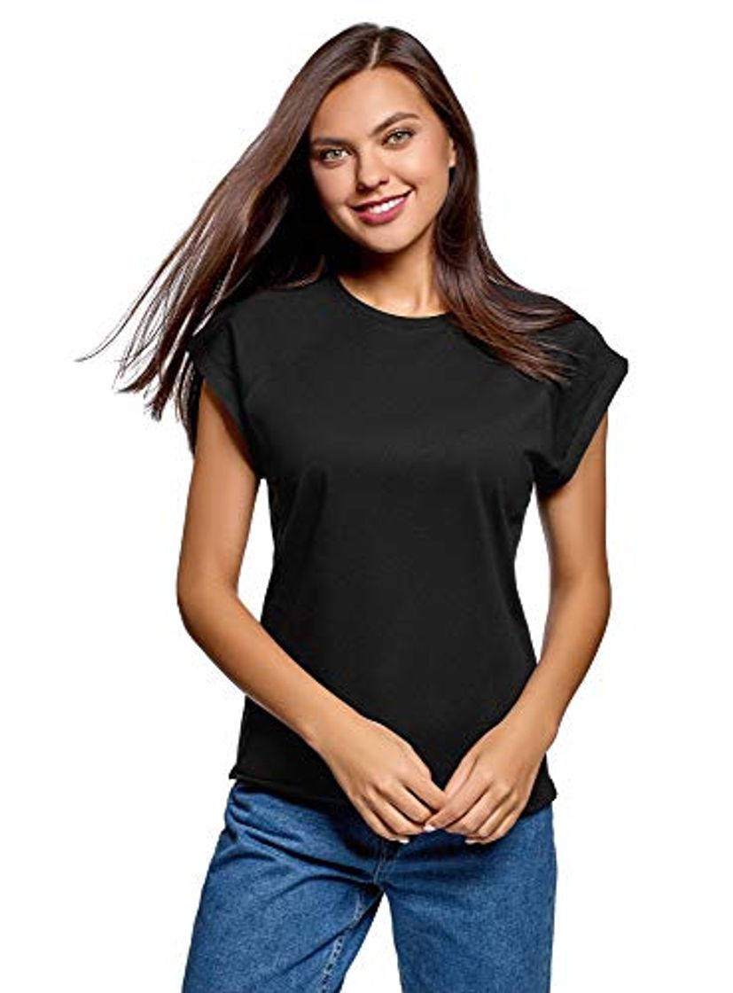 Social oodji Ultra Mujer Camiseta Básica de Algodón con Borde No Elaborado, Negro,