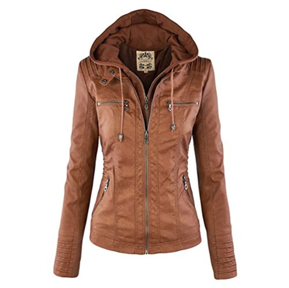 Productos NiSeng Pu Biker Chaqueta para Mujer Imitacion Cuero Cazadora Biker Con Capucha Marrone L