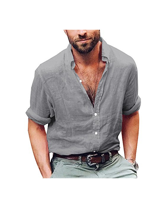 Producto Camisa Hombre Lino Blusa Casual De Manga Larga Blusa Suelta Casual Cuello