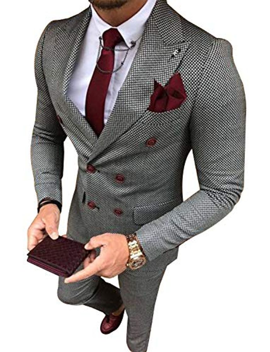 Social UMISS Hombre Traje a Cuadros Conjunto clásico de 2 Piezas con Chaqueta Cruzada y Pantalones