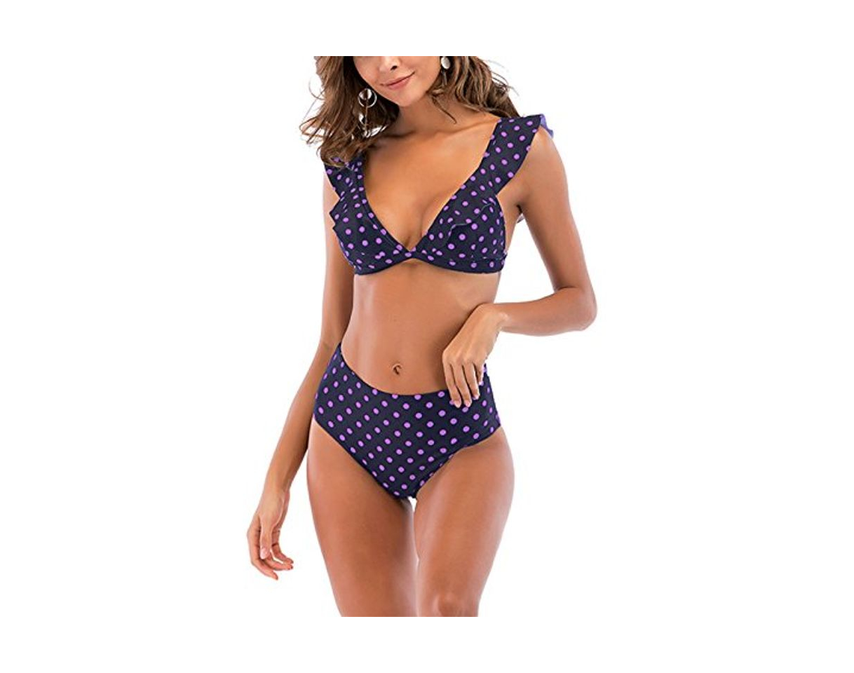 Fashion Beauty7 Mujer Traje de Baño de Dos Piezas Cintura Alta Retro Polka Dots Lunares Sexy Vintage Bikini con Volantes Set Swimwear