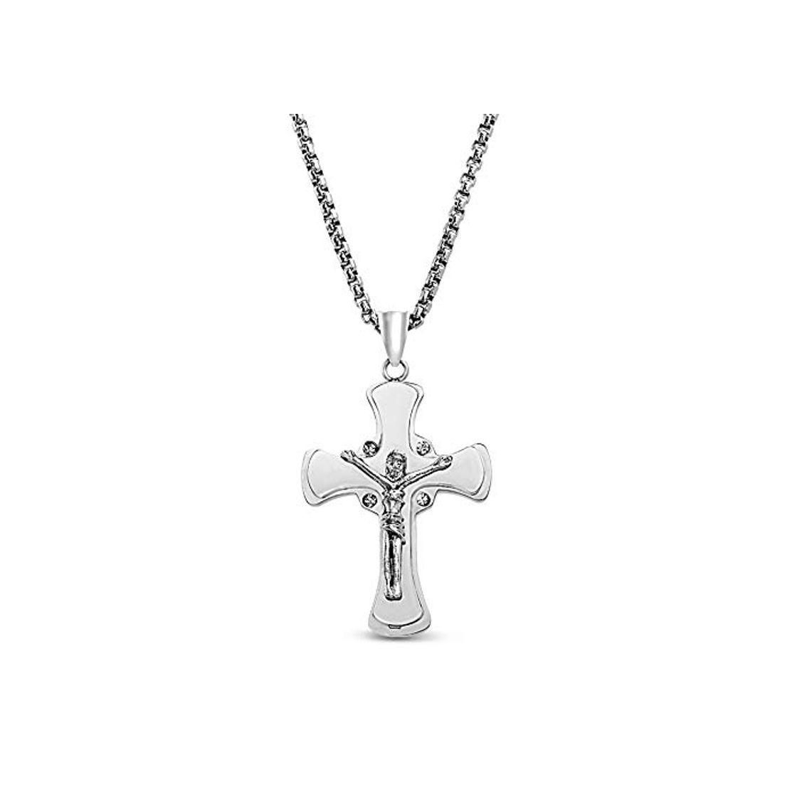 Moda Steve Madden 24" Stainless Steel Diamond Cut Rolo Chain Cubic Zirconia Cross Pendant Necklace for Men