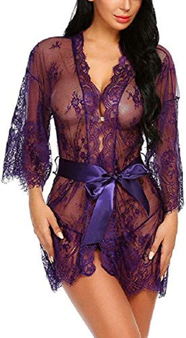 Fashion Tuopuda Mujer Bata Kimono Encaje Dormir Babydoll Camisón Malla y Tanga Conjunto y Cinturón