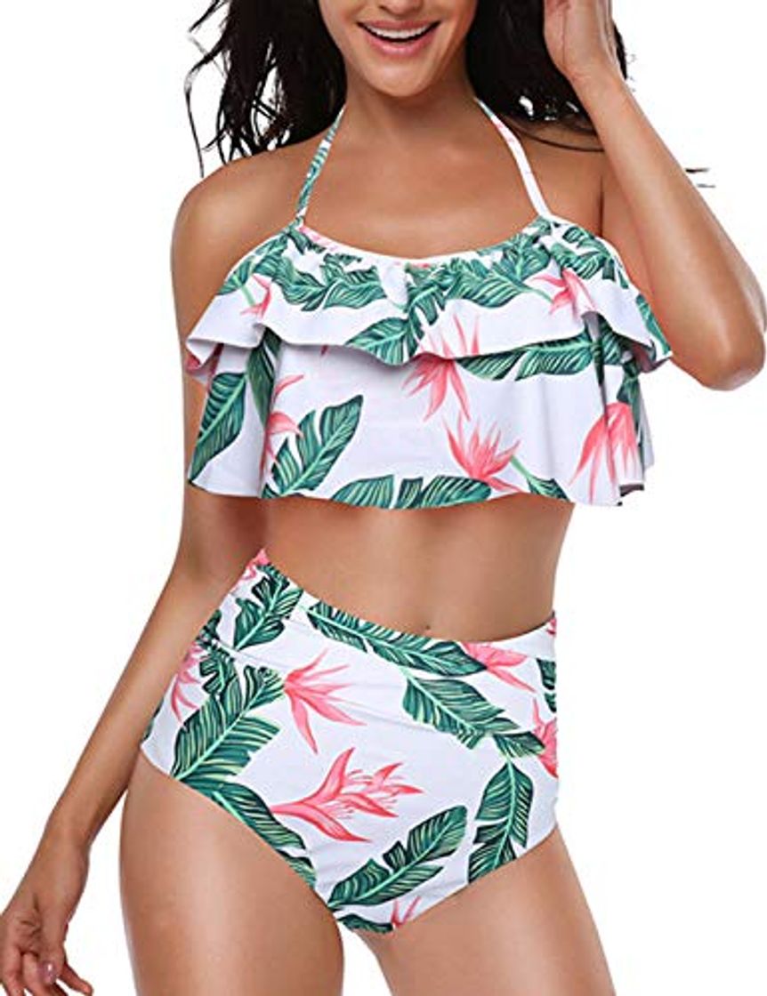 Product Voqeen Traje de baño para Mujer Top de Bikini de Volante Parte Inferior de Cintura Alta Halter Vintage Push Up de 2 Piezas