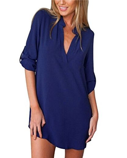 ZANZEA Camisas Mujer Sexy Casual Gasa Camisa Suelta Cuello V Manga Larga Blusa Tops Tallas Grandes Elegante Invierno Camiseta Azul Oscuro US 8