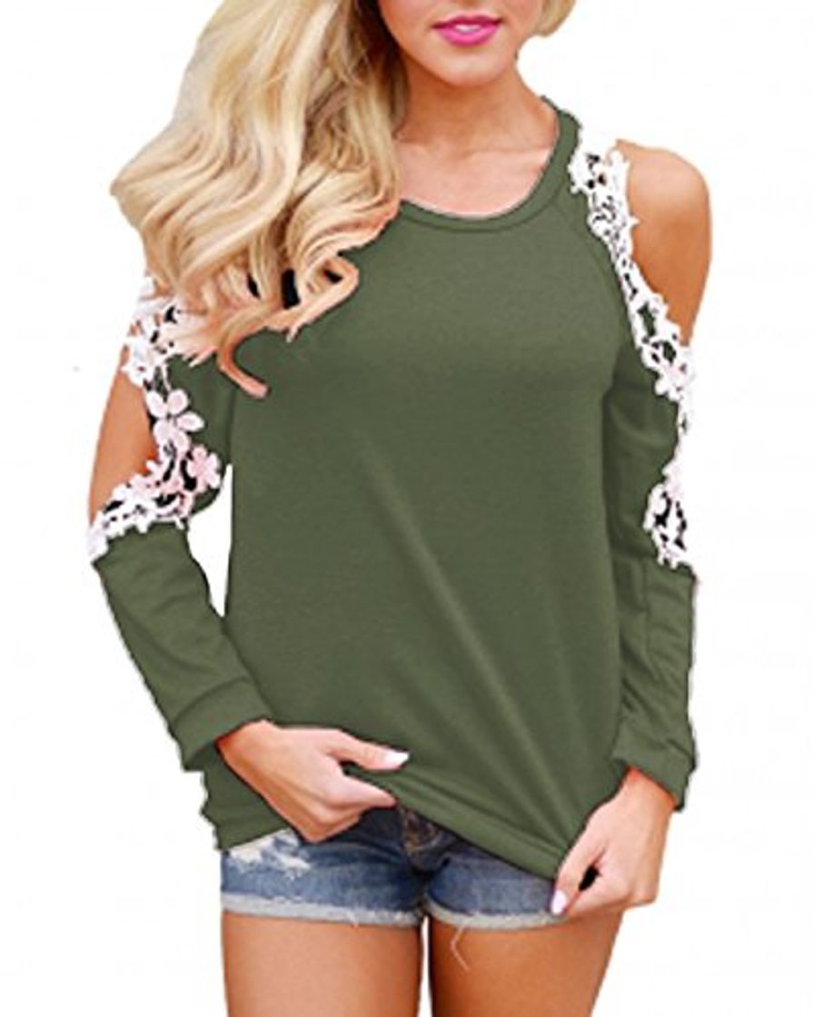 Producto StyleDome Mujer Camiseta Otoño Encaje Mangas Largas Hombros Descubiertos Cuello Redondo Elegante Casual Top Verde Oscuro M