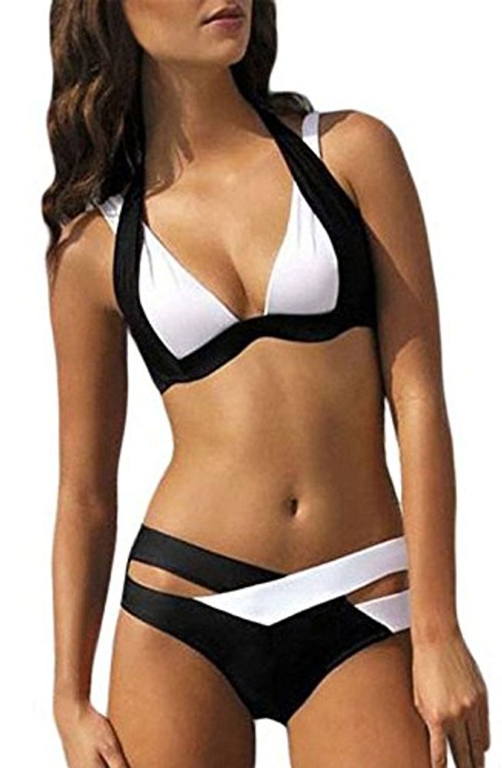 Fashion ZAIQUN Moda Blanco y Negro Criss Cross Vendaje Bikini Ropa de playa