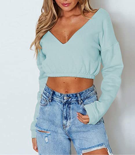 Producto OUFour Primavera y Otoño Mujeres Crop Top Cuello V Manga Larga Remata