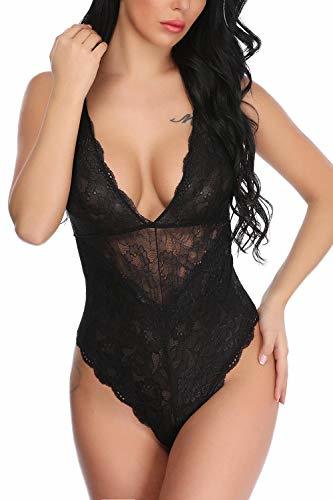Social KELITCH Lencería Sexy Mujer Negro Cordón Bodysuit Cuello V Halter Uno Pieza