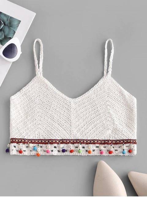 Social Crochet Beading Pompoms Beach Cami Top