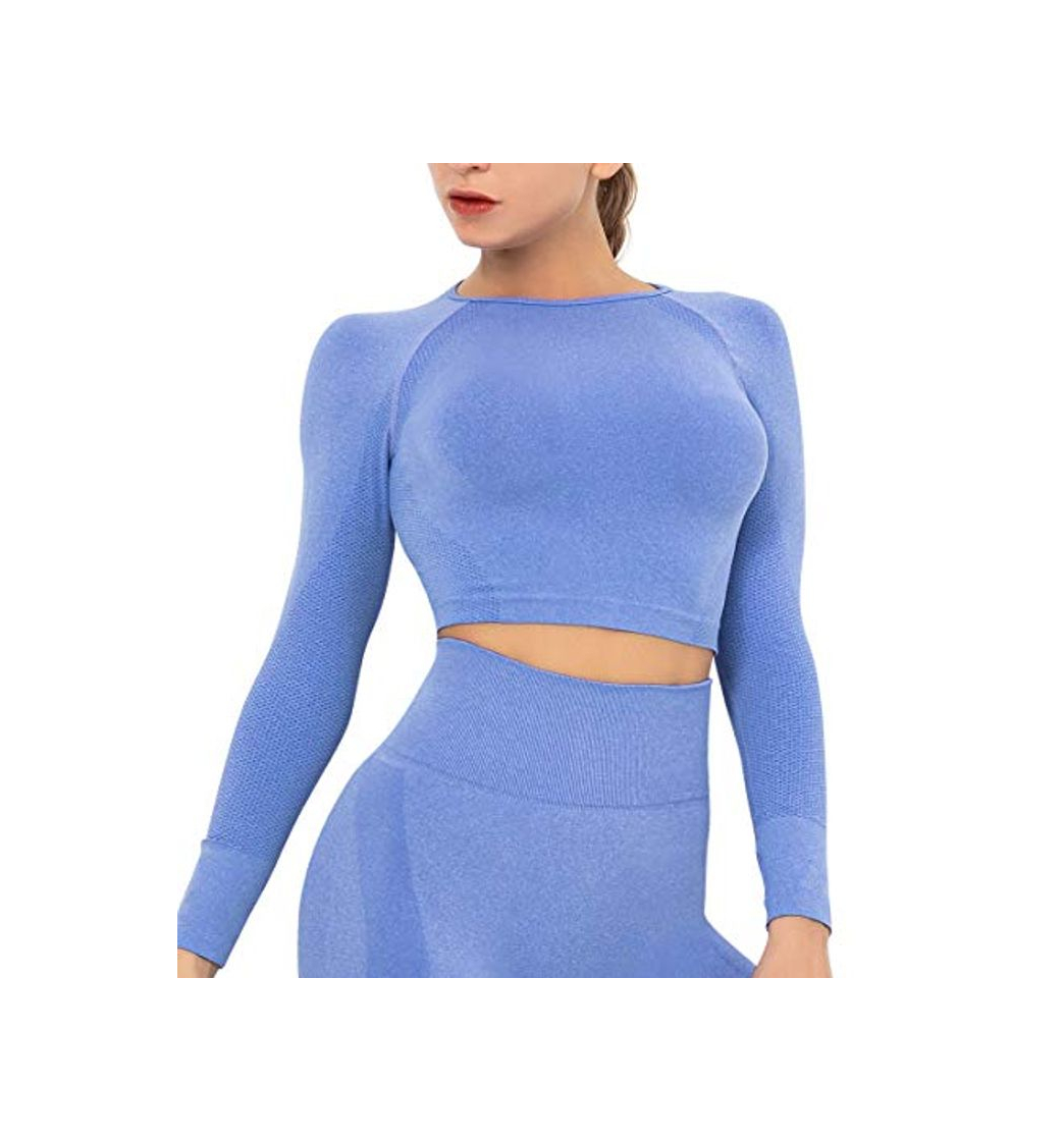 Moda Lalamelon Camiseta Deportiva Mujer Manga Larga sin Costuras Crop Top Deporte Yoga