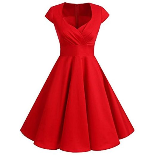 Bbonlinedress Vestido Corto Mujer Retro Años 50 Vintage Escote En Pico Red