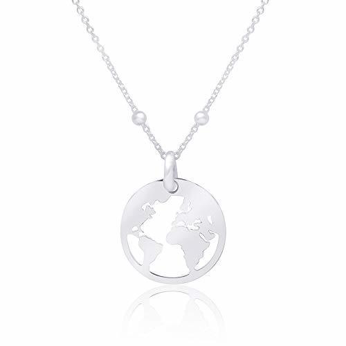 Moda WANDA PLATA Collar Mundo para Mujer Chica Joven de Plata de Ley