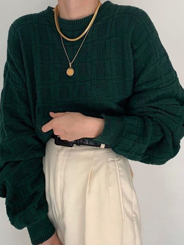 Social Casual Daily Dark Green Puff Sleeves Round Neck Sweater