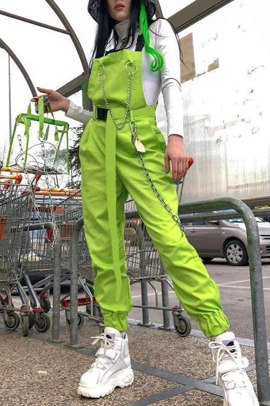 Social Front Chain Buckle Belt Jumpsuit Overalls