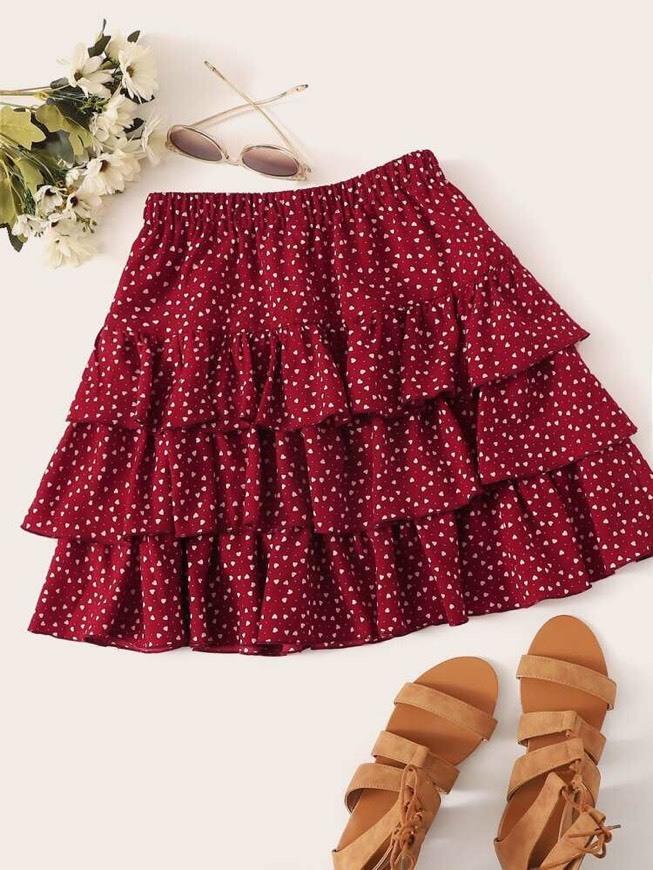 Product Heart Print Layered Ruffle Skirt 