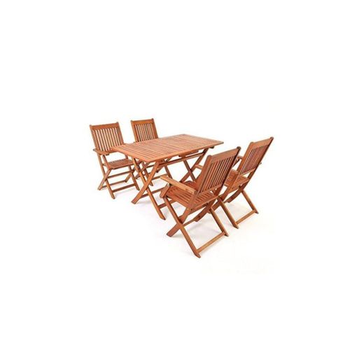 Deuba Conjunto de jardín "Sydney" de madera de Acacia comedor exterior 1 mesa y 4 sillas con reposabrazos 5 pzs terraza
