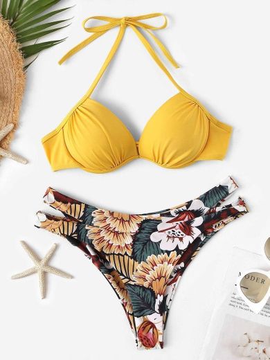Ruched Halter Top With Random Floral Bikini