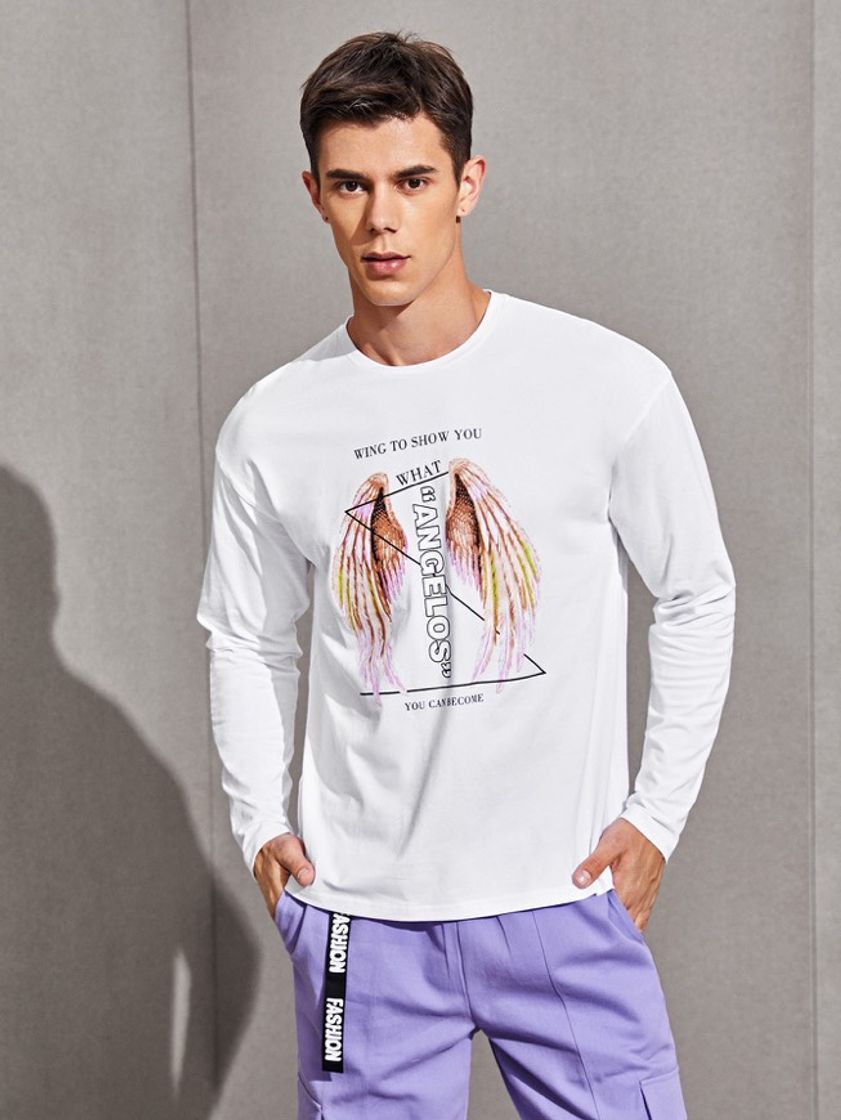 Fashion Camiseta Masculina com Letras e Asas Discovered Amazing