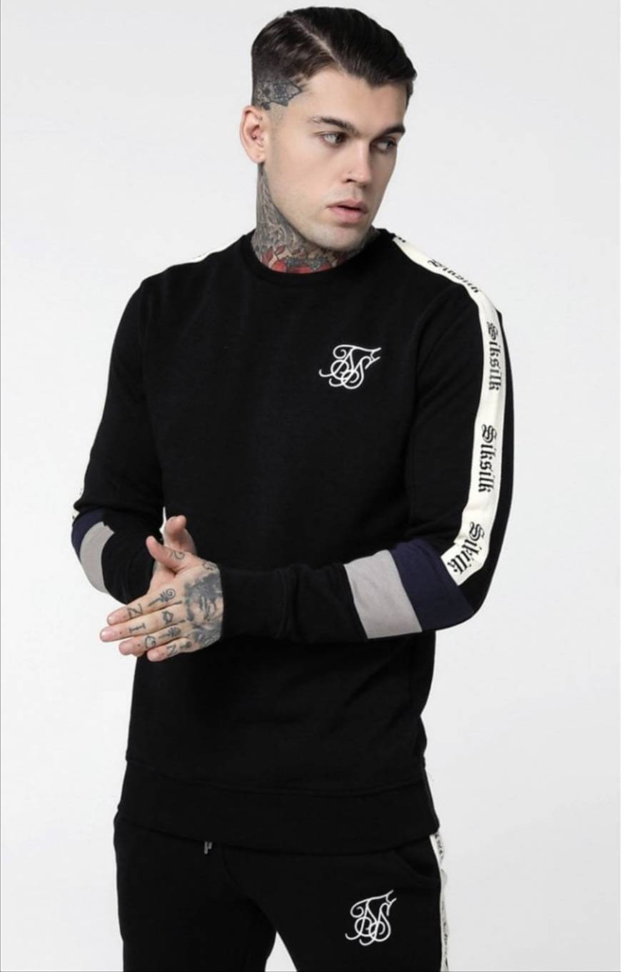 Moda SikSilk Retro Panel Tape Crew Sweater - Preto, Cinza e Azul 