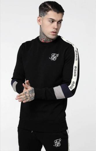 SikSilk Retro Panel Tape Crew Sweater - Preto, Cinza e Azul 