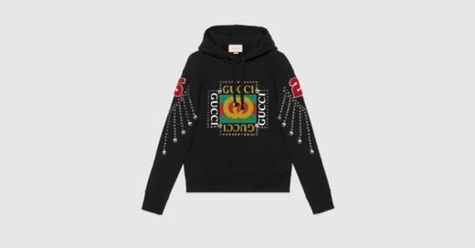 Black Cotton Gucci Logo Sweatshirt With Crystals 