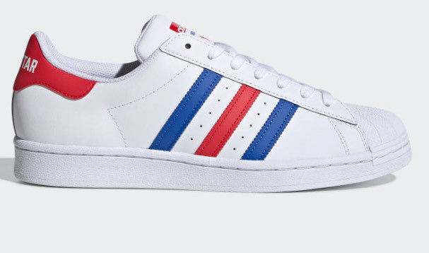 Social Adidas superstar brancas, azuis e vermelhas 