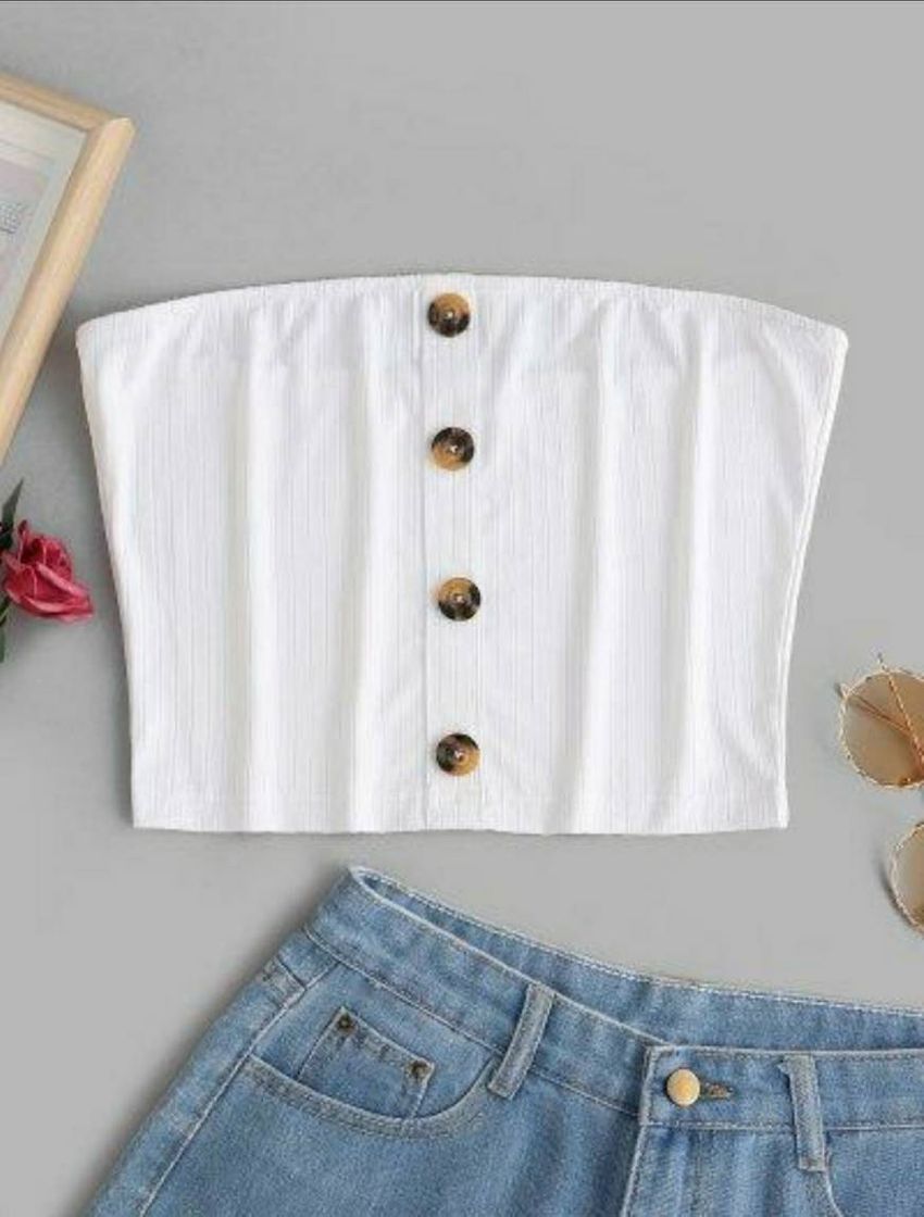 Moda ZAFUL Top Bandeau com Nervuras Abotoado