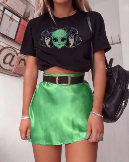 green skirt w/ black top