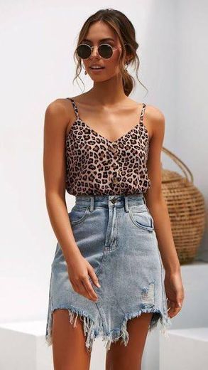 denim skirt w/ cheetah print top