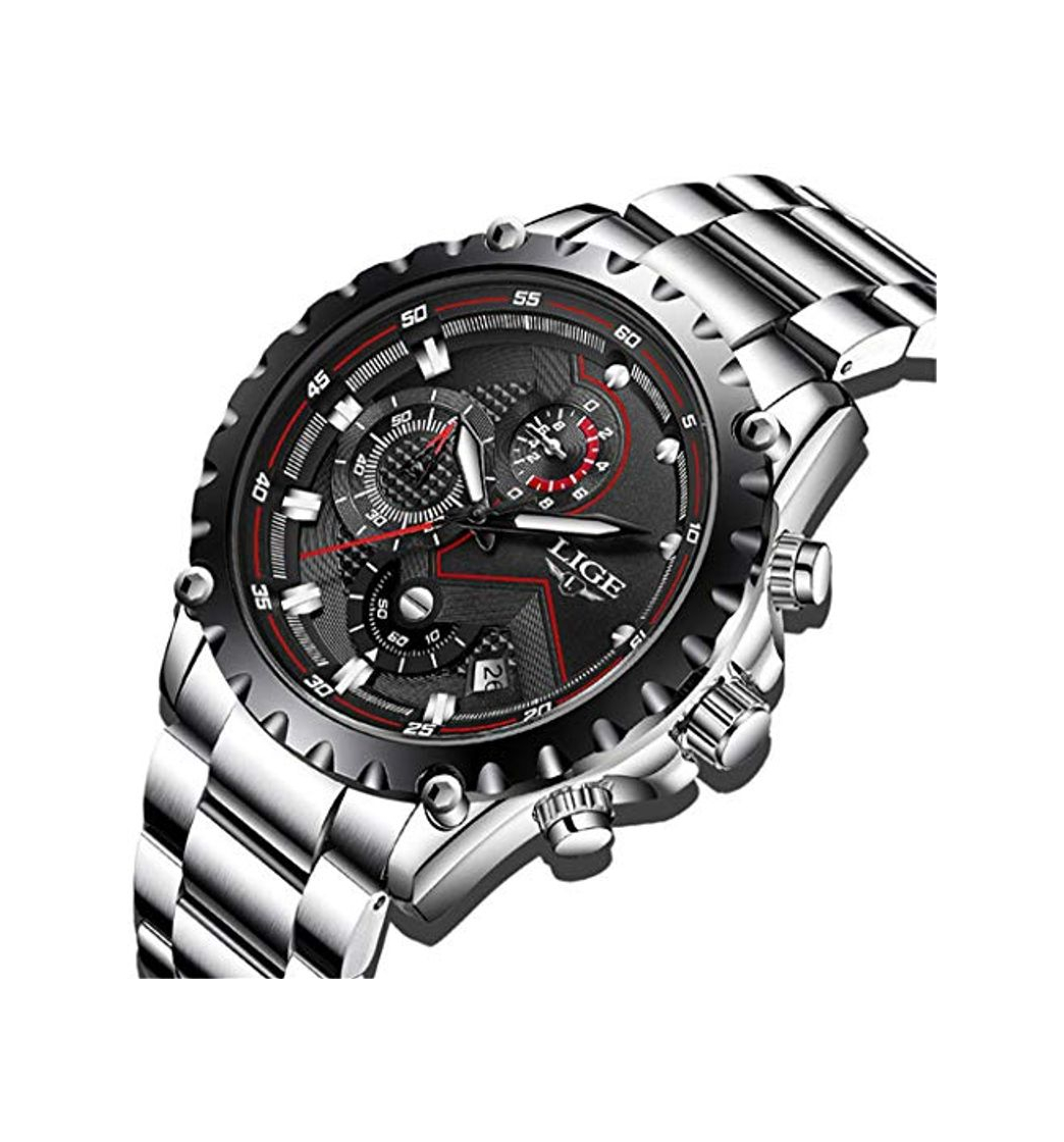 Product LIGE Relojes para Hombre Negro Acero Inoxidable Moda Reloj Deportes Impermeable Gran Esfera Cronógrafo Reloj Militar Plata Fecha