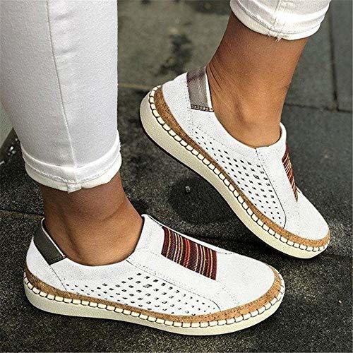 QIMITE Mocasines de Cuero Zapatos Casuales Mujer Slip-On Zapatillas de Deporte Blancas