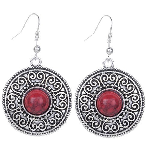 Moda Yazilind vendimia de plata tibetana redondo rojo Resina relieve cuelgan los pendientes