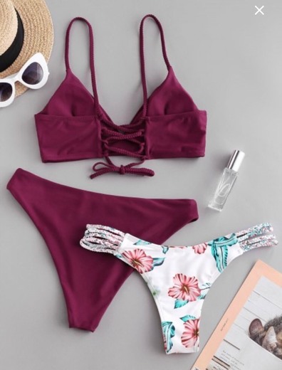 Flower Braided Lace-up Swimsuit