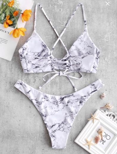 Cross Marble Lace-up Swimsuit