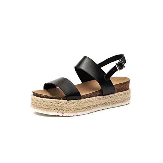 Sandalias Mujer Cuña Piel Plataformas Alpargatas Punta Abierta 5 CM Tacon Verano Tobillo Hebilla Zapato de Playa Moda Fiesta Negro 39