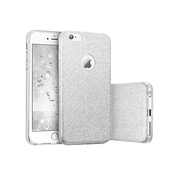 Electrónica Coovertify Funda Purpurina Brillante Plateada iPhone 6/6S Plus, Carcasa Resistente de Gel