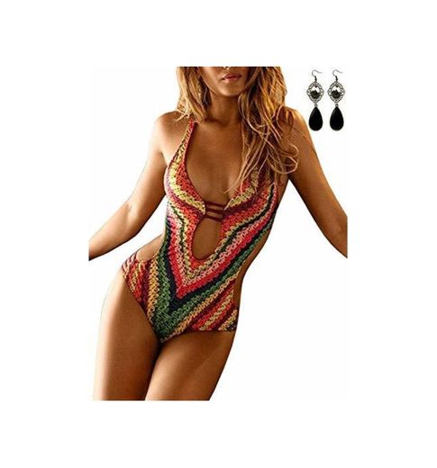 MODETREND Mujer Bikini Push up de Escotado por Detrás Deep V-Neck Monokini