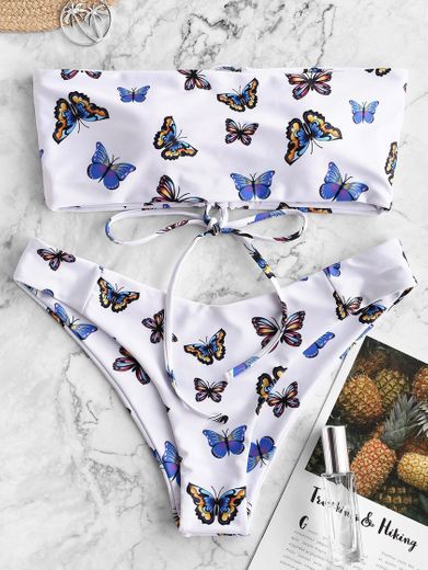 ZAFUL Butterfly Print Lace Up Bandeau Bikini Swimwear