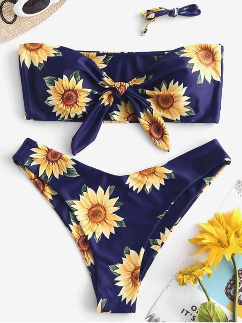 ZAFUL Knot Sunflower Print Bikini Set