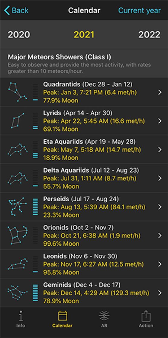 App Meteor Shower Calendar