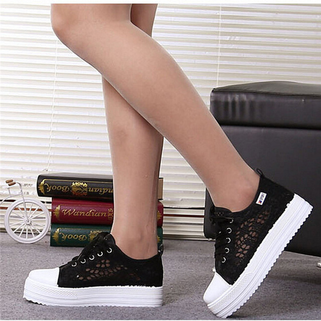 Fashion GAOKE Summer Women Shoes Casual Cutouts Lace Canvas Shoes Hollow Floral Breathable