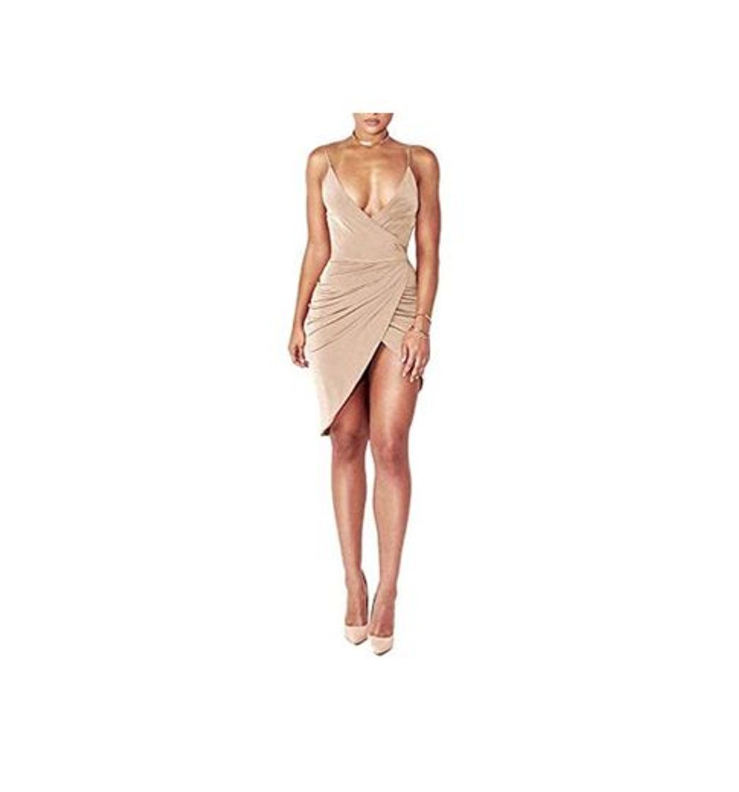 Social DRESHOW Women's Sexy Deep V Neck Sleeveless Spaghetti Strap Bodycon Wrap Dress Front Slit Bandage Midi Club Dress