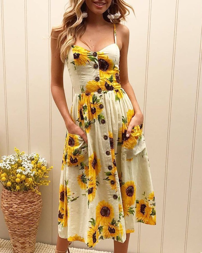 Products Sunflower Print Spaghetti Strap Casual Dress