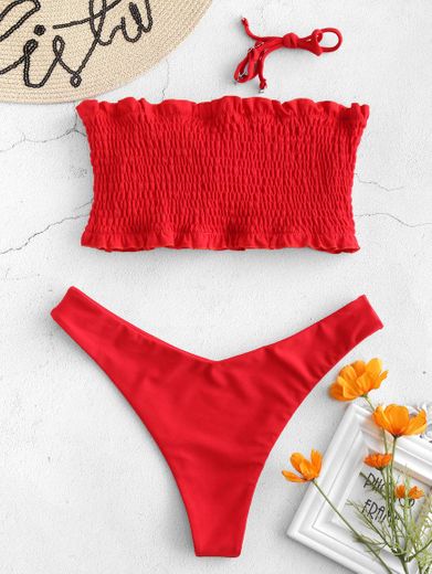 Beach suit frilled smocked bandeau 